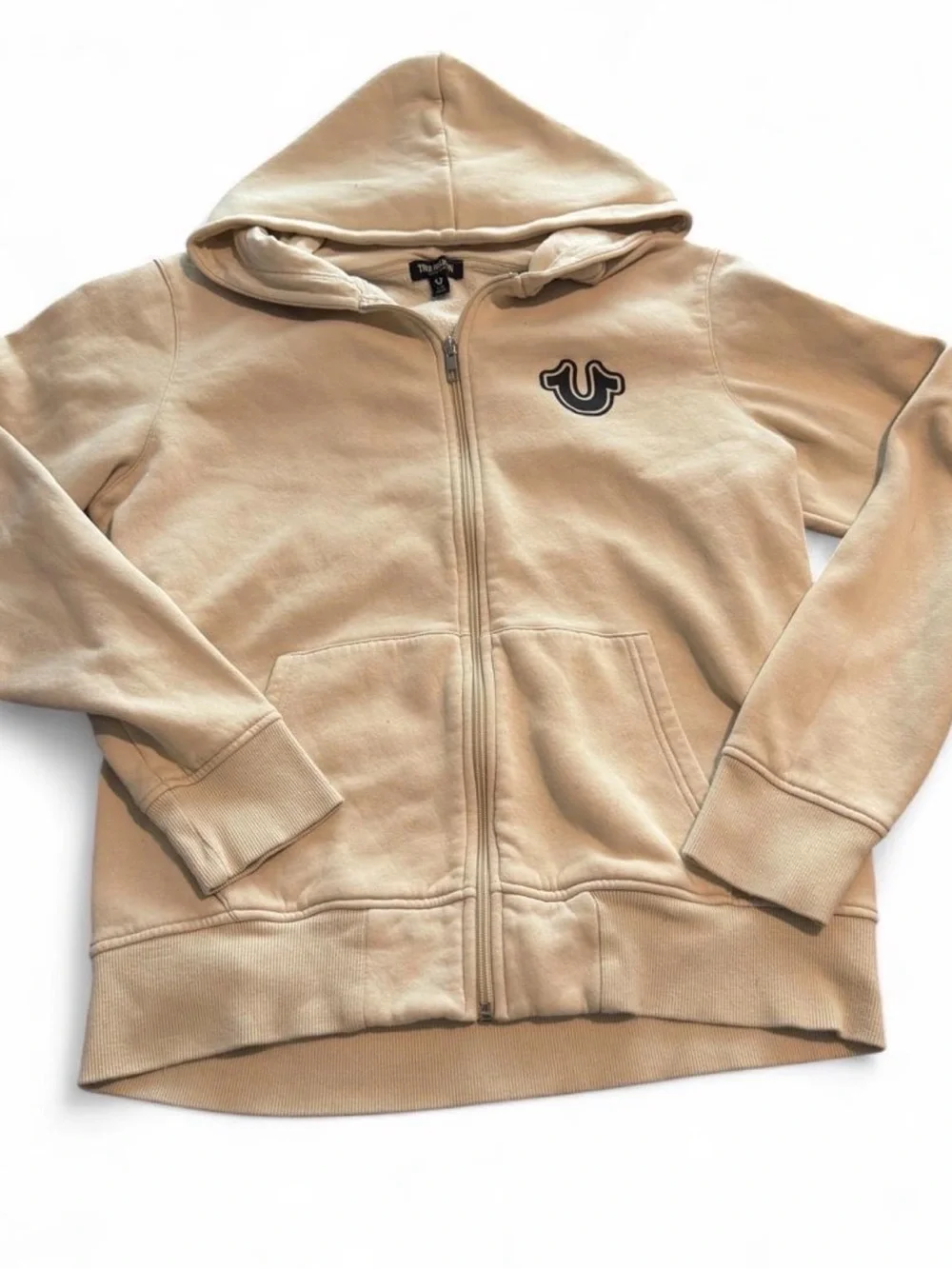 True Religion Men's Cream Hoodie with Navy Logo